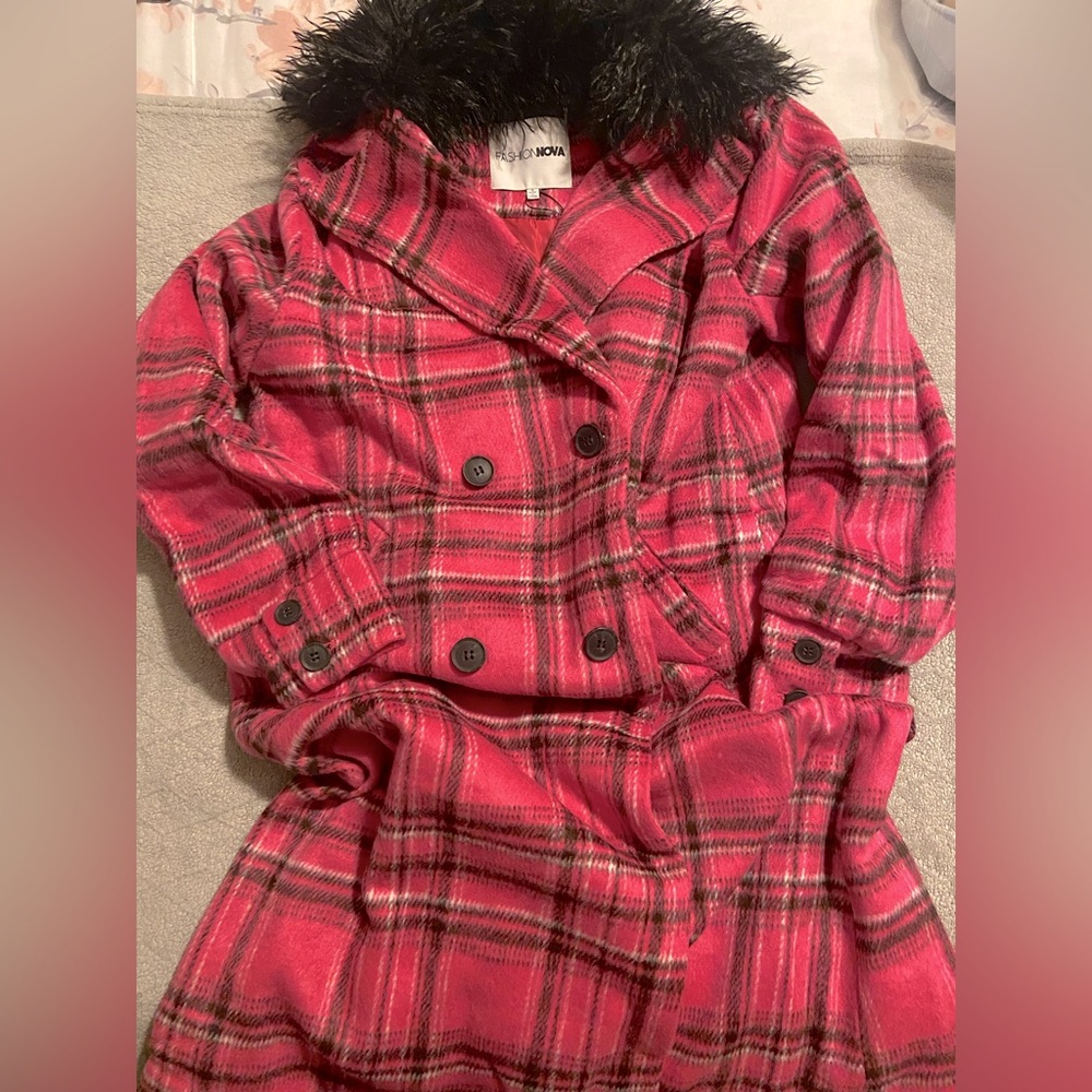Wool plaid long trench coat